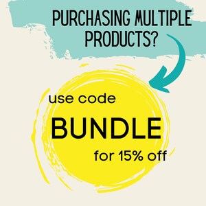 May include: A yellow circle with a white outline and the text "use code BUNDLE for 15% off". A teal arrow points to the circle. Above the circle, a teal brushstroke with the text "PURCHASING MULTIPLE PRODUCTS?"