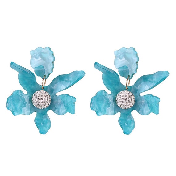 Lily flower statement clip on earrings black white blue | Etsy