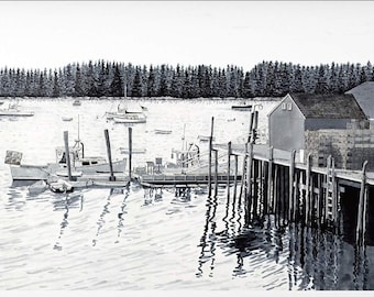 Lobster Wharf, Maine Fishing Village, Black/White Pen & Ink Drawing, Lobster Boats, Illustration, Coastal Decor, Local Artist Jeff Greiner