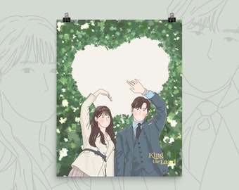 May include: Hand-drawn illustration of a couple standing in front of a heart-shaped frame made of green leaves. The woman is wearing a white jacket and the man is wearing a blue suit. The text "King the Land" is written in gold lettering below the couple.