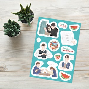 May include: A sheet of stickers with illustrations and text. The stickers depict cartoon images of people, watermelon slices, and text including "Watermelon Sugar" and "Twinkling Watermelon". The stickers are on a teal background.