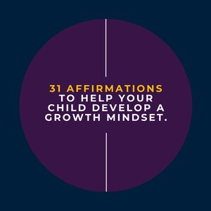 Può includere: Grafica con sfondo blu scuro con un grande cerchio viola. Il cerchio contiene il testo "31 affermazioni per aiutare tuo figlio a sviluppare una mentalità di crescita" in giallo e bianco.
