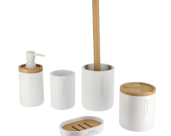 Elegant White Bathroom Accessory Kit - 5 pieces - Hand Soap Dispenser, Tumbler Cup, Toilet Brush Set, Cotton Box and Soap Tray