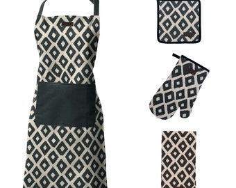 4-Piece African Kitchen Set: Black and Cream Apron Oven Mitt Towel and Pot Holder - Diamond Pattern for Modern Kitchens