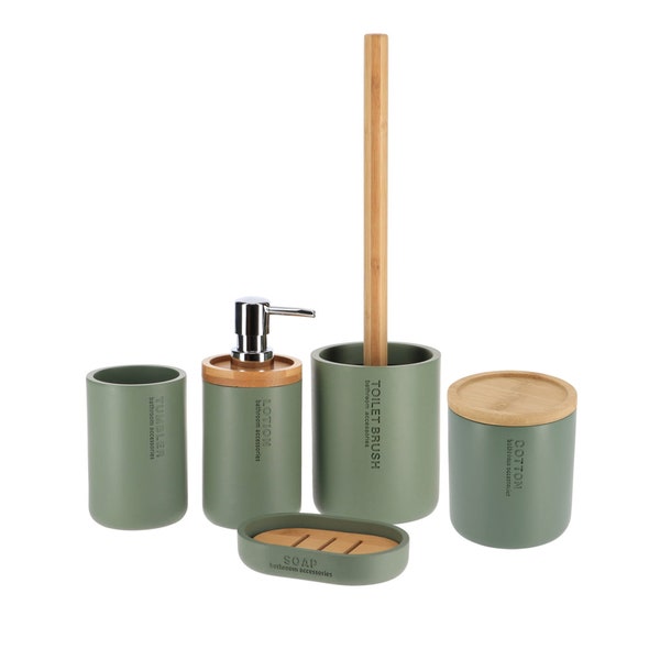 Sleek Green Bathroom Accessory Set with Bamboo Accents - 5 pieces - Toothbrush Cup, Soap Dispenser, Toilet Brush, Cotton Jar and Soap Dish