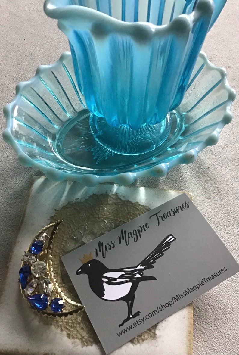 1950\u2019s vintage Crescent moon brooch with Sapphire glass crystal detail