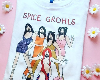 Spice Grohls unisex T-shirt in white/grey/black. All sizes available