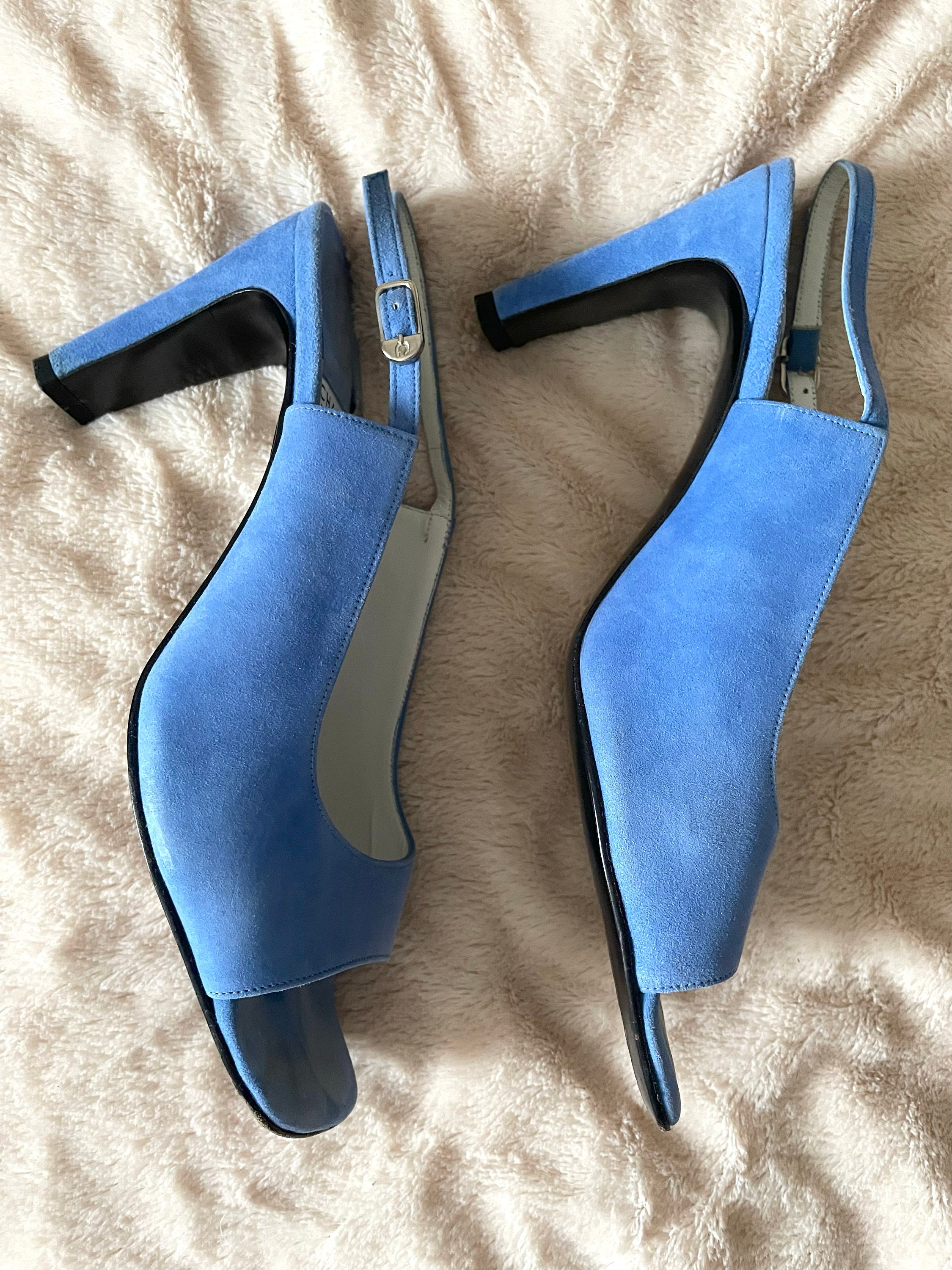 Chaussures Charles Jourdan Vintage En Daim Bleu Taille 7 US - Talons Block 2,5 Pouces - Excellent état