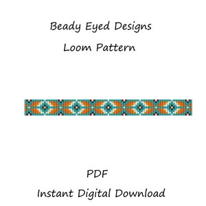 May include: A digital download PDF pattern for a beaded loom bracelet with a geometric design in turquoise, orange, white, and black.