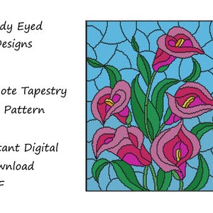 May include: A digital download pattern for a peyote tapestry featuring a bouquet of pink calla lilies with green stems and leaves against a blue background. The pattern is titled "Beady Eyed Designs".