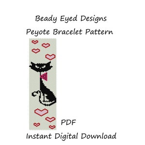 May include: A black and white beading pattern for a peyote stitch bracelet featuring a black cat with a pink bow tie and pink hearts. The pattern is titled "Beady Eyed Designs Peyote Bracelet Pattern" and includes the text "PDF Instant Digital Download".