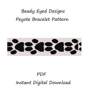 May include: Black and white peyote stitch bracelet pattern featuring paw prints. Beady Eyed Designs. PDF Instant Digital Download.