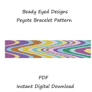 Può includere: Un modello di braccialetto a punto peyote colorato con un design ondulato. Il modello è in tonalità di viola, blu, verde, giallo e marrone. Il testo "Beady Eyed Designs Peyote Bracelet Pattern" è nella parte superiore dell'immagine. Il testo "PDF Instant Digital Download" è nella parte inferiore dell'immagine.