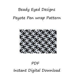 May include: Black and white peyote stitch pattern for a pen wrap. The pattern is a houndstooth design. The image includes the text "Beady Eyed Designs" and "Peyote Pen wrap Pattern".