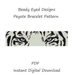 May include: A black and white beading pattern for a bracelet featuring a close-up of a tiger's eye. The pattern is called "Beady Eyed Designs Peyote Bracelet Pattern".