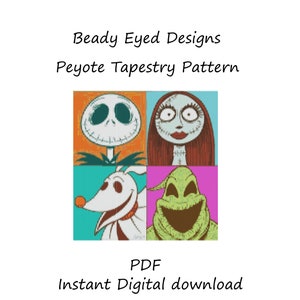 Può includere: Un modello di arazzo peyote da scaricare digitalmente con i personaggi Jack Skellington, Sally, Zero e Oogie Boogie del film L'incubo prima di Natale. I personaggi sono rappresentati in uno stile pixelato colorato.