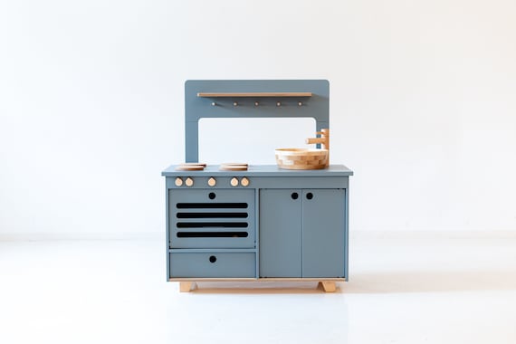 blue wooden play kitchen