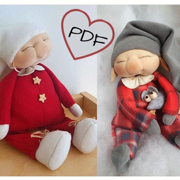 PDF little sleeping gnome in his pajamas PDF full-size creative sewing pattern and step-by-step tutorial Gnome in his pajamas