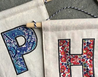 Custom Initial Handmade Embroidered Small Pennant Sign in Liberty London Cotton -choose from 28 fabrics-wall hanging - door hanging - banner