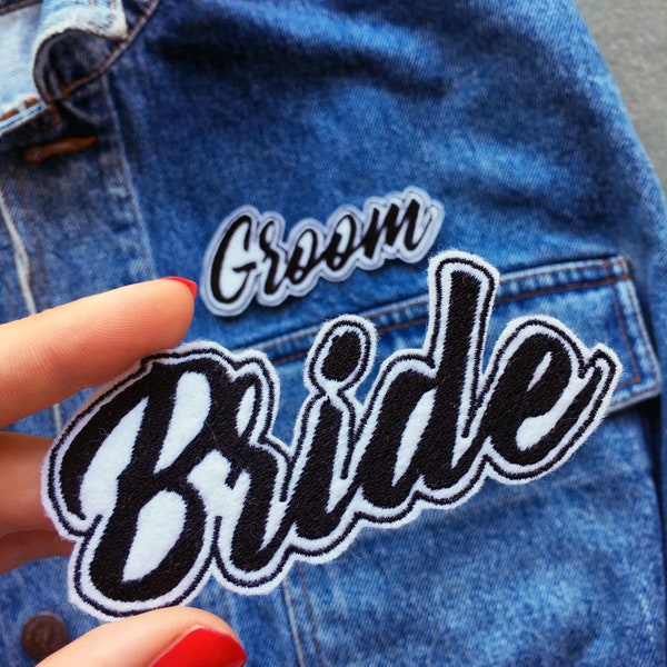BRIDE GROOM Wedding Embroidered Patches - Wifey Hubby The Mr The Mrs - Sew On - iron on - just married  - custom patches - Black on White