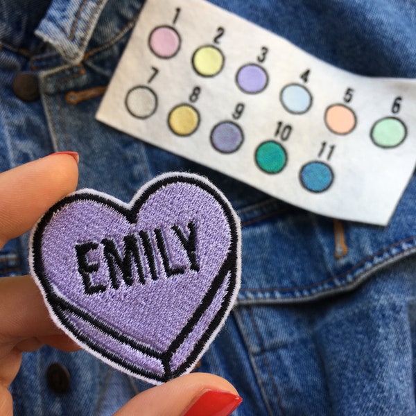 Custom Phrase Name Text Love heart Pastel Embroidered Patch - Sew On - iron on - Wool Felt - pastel - holographic metallic