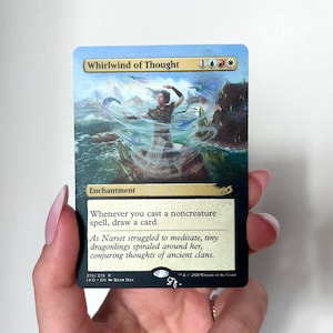 May include: A Magic: The Gathering trading card titled Whirlwind of Thought, featuring an illustration of a figure surrounded by swirling energy and small dragon-like creatures. The card text includes the enchantment type and game rules.