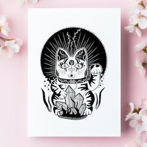 Moon Maru (A6 - Cartolina) maneki neko, gatto fortunato giapponese, stampa di illustrazione carina, magia strega, kawaii carino, animale fantastico, buona fortuna