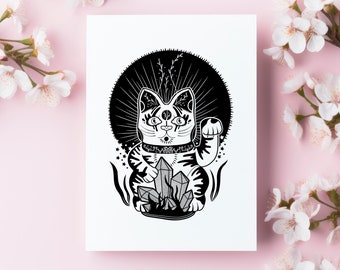 Moon Maru (A6 - Postcard) maneki neko, japanese lucky cat, cute illustration print, witchy magic, kawaii cute, fantasy animal, good fortune