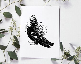 Birdkin (A4 - Impressão) - Ilustração de pássaro em preto e branco, espírito fantástico, magia bruxa, criatura da floresta