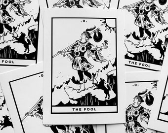 The Fool (A6 - Postcard) tarot card, major arcana, rider waite deck, art print, black and white, witchy spiritual, dark academia