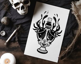 Elixir (A6 - Postcard) magic potion bottle, witchy art, dark academia, gothic fantasy, dark apothecary, witchcore, celestial, dark art