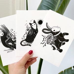 Little Spirits (A6 - lot de cartes postales) animaux magiques de la forêt, chat oiseau lapin, impression d'illustration, art noir et blanc, fantaisie de sorcellerie mignonne