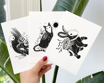 Little Spirits (A6 - Postcard Set) magic forest animals, cat bird rabbit, illustration print, black and white art, witchy fantasy cute