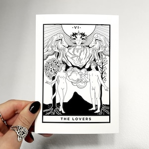 Carta de tarot de Los Amantes (A6 - Postal), arcanos mayores, baraja de espera de jinete, impresión de arte, blanco y negro, espiritual brujo, academia oscura