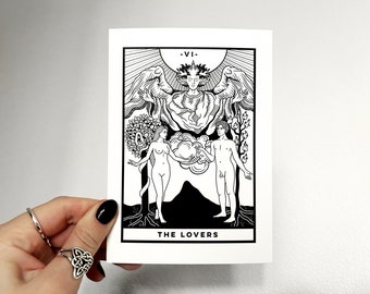 The Lovers (A6 - Postcard) tarot card, major arcana, rider waite deck, art print, black and white, witchy spiritual, dark academia