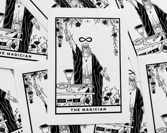 The Magician (A6 - Postcard) tarot card, major arcana, rider waite deck, art print, black and white, witchy spiritual, dark academia