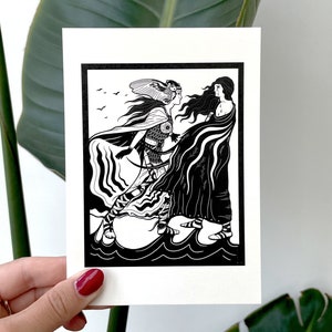 Spiegel Schwestern (A6 - Postkarte) griechische Mythologie Kunst, athena Göttin, historische Illustration, schwarz und weiß, klassische Geschichte