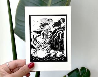 Mirror Sisters (A6 - Postcard) greek mythology art, athena goddess, historic illustration, black and white, classical history