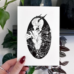Sylus (A6 - Postkarte) love and deepspace, Illustration print, schwarz weiß Kunst, qinche, shin, jin woon
