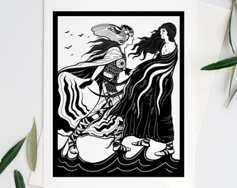 Irmãs do Espelho (A4 - Impressão de Edição Limitada) arte da mitologia grega, deusa Atena, ilustração histórica, preto e branco, história clássica