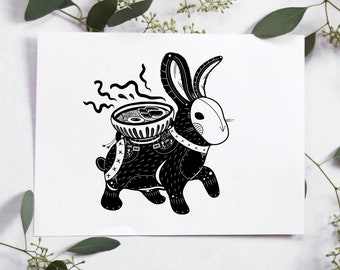 Bunnykin (A4 - Print) rabbit illustration print, black and white art, fantasy spirit, witchy magic, japanese ramen noodles