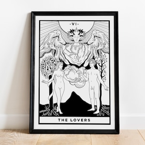 La carta del tarot de los Amantes (A4 - Imprimir), arcanos mayores, baraja de espera de jinete, impresión de arte, blanco y negro, espiritual brujo, academia oscura