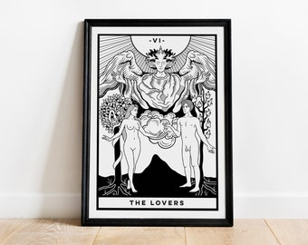 The Lovers (A4 - Print) tarot card, major arcana, rider waite deck, art print, black and white, witchy spiritual, dark academia