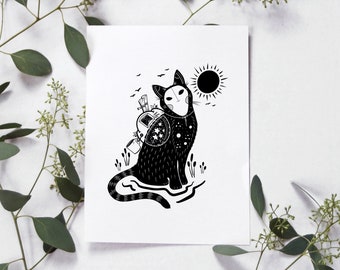 Catkin (A4 - Limited Edition Print) cat illustration print, black and white art, fantasy spirit, witchy magic, forest creature