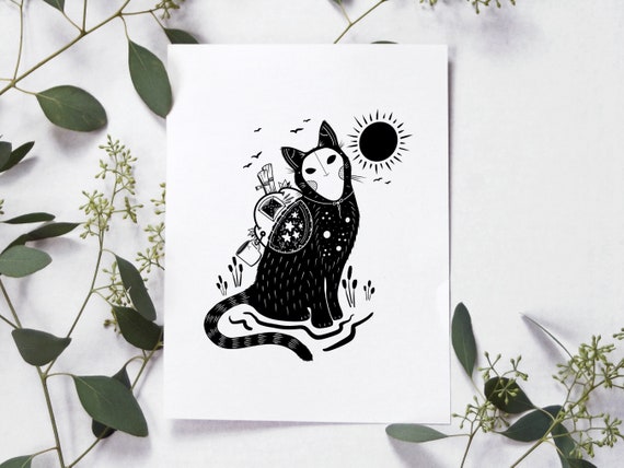 Catkin (A4 - Print) cat illustration print, black and white art, fantasy spirit, witchy magic, forest creature