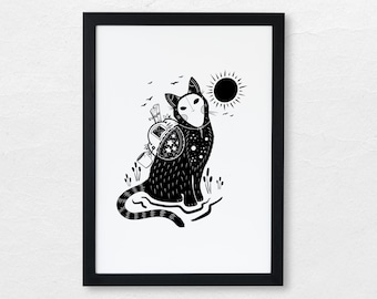 Catkin (Limited Edition Print - A4) • magic cat signed illustration • black and white • dark art witchy animal