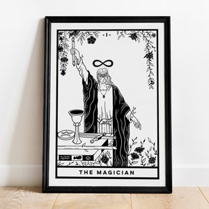 La carta del tarot del Mago (A4 - Imprimir), arcanos mayores, baraja de camarero, impresión de arte, blanco y negro, espiritual brujo, academia oscura