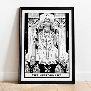 La carta de tarot del Hierofante (A4 - Imprimir), arcanos mayores, baraja de espera de jinete, impresión de arte, blanco y negro, espiritual brujo, academia oscura