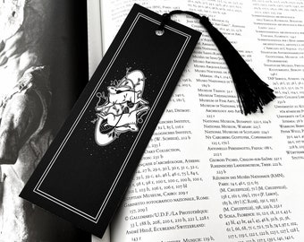 The Wayfarers (Bookmark) witchy magic rabbit, book lovers gift, reading tassel, black and white art, fantasy celestial, bunny animal