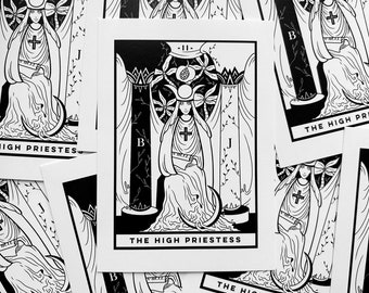 The High Priestess (A6 - Postcard) tarot card, major arcana, rider waite deck, art print, black and white, witchy spiritual, dark academia